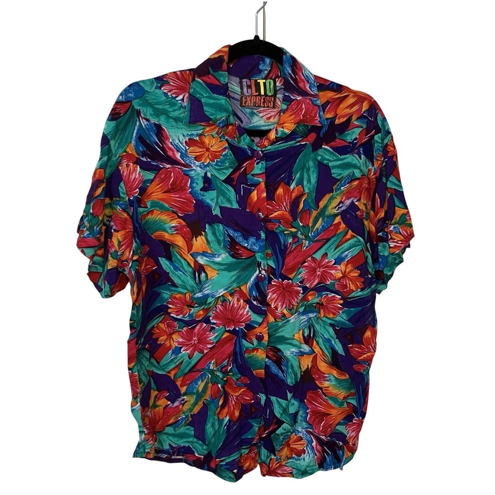 Vintage CLTO Express‎ Shirt Womens M Button Up Floral Hawaiian 90s Resort Camp